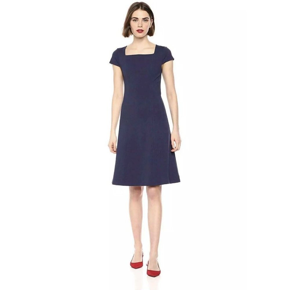 Women's Cap Sleeve Square Neck Dress Seamed Fit, Navy Blue, Size 4 NWT (sku9)